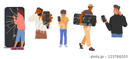Adults and children cartoon characters with broken smartphone damaged digital screen isolated set 123768203