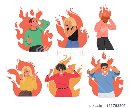 Angry people in flame shouting and screaming feeling emotional stress isolated set on white Angry people in flame shouting and screaming feeling emotional stress isolated set on white 123768205