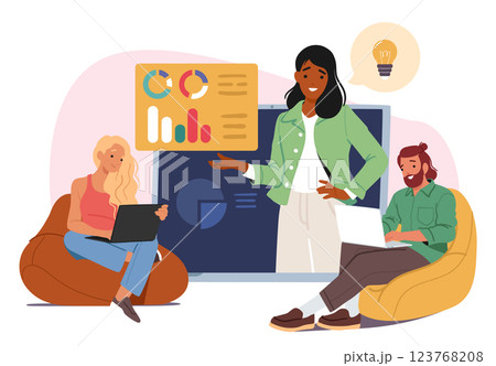 Diverse employee people cartoon characters enjoy watching online business training course scene 123768208