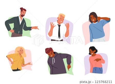 Diverse people inside communication speech bubble frame showcasing abusive negative reaction 123768211