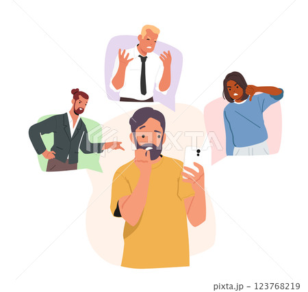 Scared man character with smartphone feeling frustrated and afraid of abusive attack of people 123768219