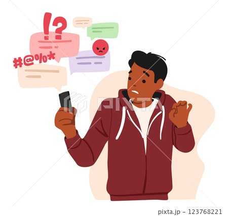 Scared teenage boy cartoon character feeling stress and panic reading bad comments in social media Scared teenage boy cartoon character feeling stress and panic reading bad comments in social media 123768221