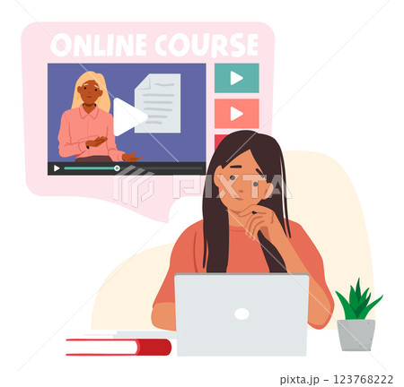 Young teenage girl student cartoon character watching online course webinar on laptop computer Young teenage girl student cartoon character watching online course webinar on laptop computer 123768222