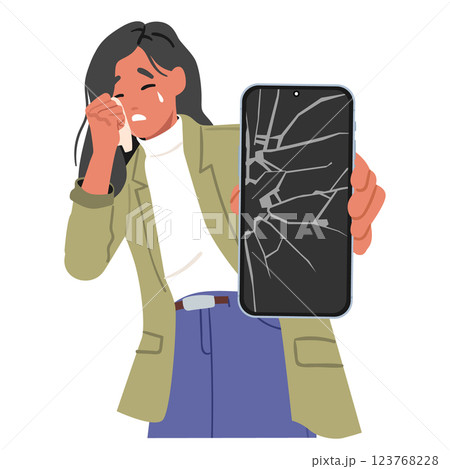 Businesswoman cartoon character crying feeling nervous due to unexpected smartphone destruction Businesswoman cartoon character crying feeling nervous due to unexpected smartphone destruction 123768228