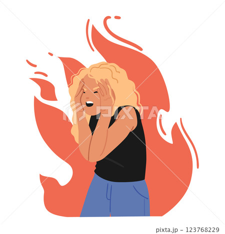 Furious teenage girl cartoon character burning in flame of anger, rage, hysteria isolated on white 123768229