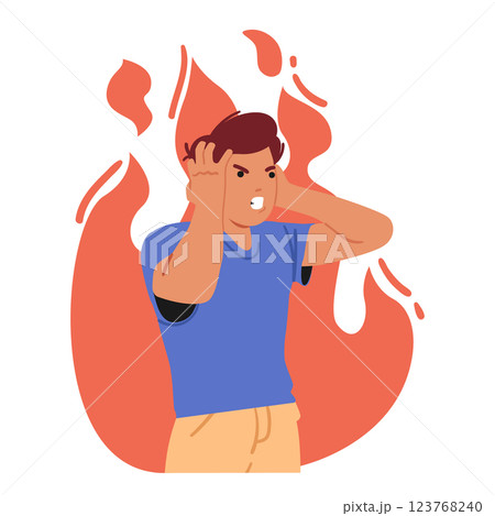 Mad angry man cartoon character burning in flame of fury touching head with hands isolated on white Mad angry man cartoon character burning in flame of fury touching head with hands isolated on white 123768240