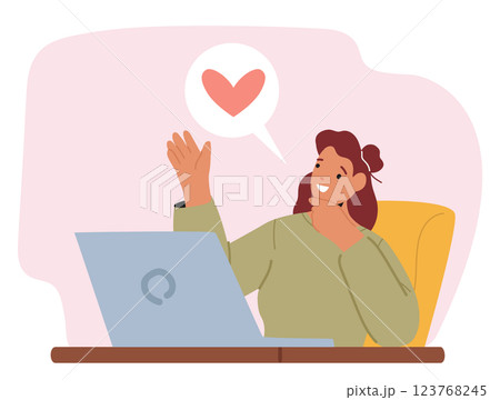 Young busy mother cartoon character using laptop computer working online from home scene Young busy mother cartoon character using laptop computer working online from home scene 123768245