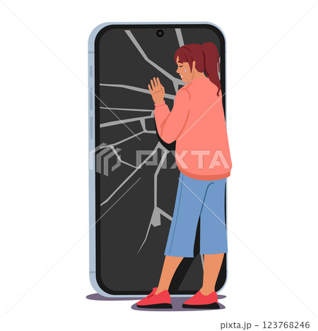 Sad woman cartoon character crying standing nearby huge smartphone device with broken display 123768246