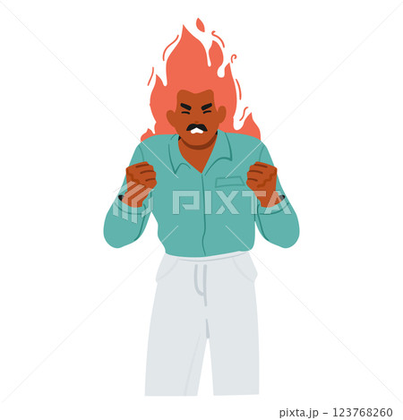 Crazy mature man cartoon character with burning head feeling rage and anger isolated on white Crazy mature man cartoon character with burning head feeling rage and anger isolated on white 123768260
