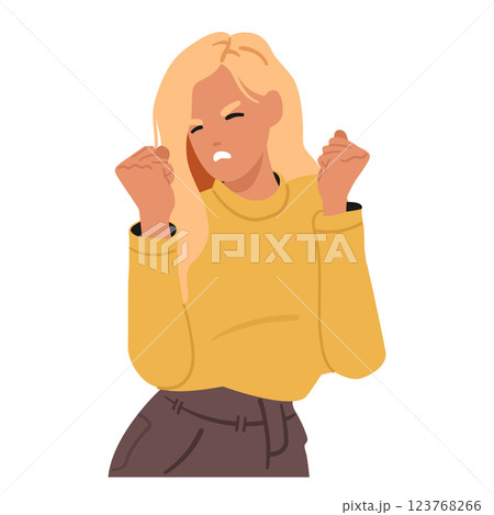 Young stylish woman character feeling anger clenching fist containing displeasure and annoyance 123768266