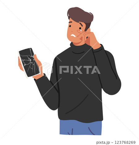 Man cartoon character crying feeling negative emotion due to damaged smartphone isolated on white 123768269