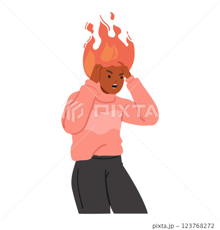 Mad furious woman cartoon character holding burning head in flame feeling desperate emotions 123768272