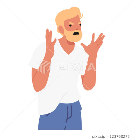 Stylish mature man cartoon character expressing aggression, rage and hate shouting gesturing arms 123768275
