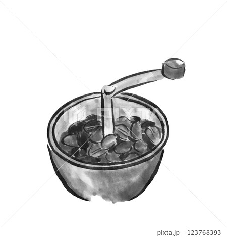 コーヒーの豆を挽くモノクロイラスト 123768393