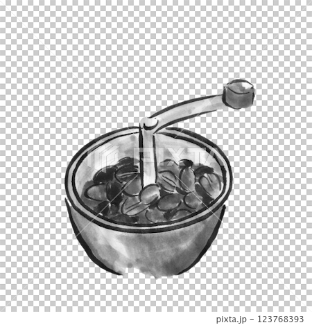 コーヒーの豆を挽くモノクロイラスト 123768393