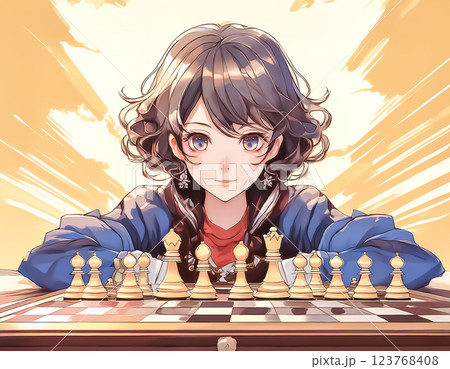 チェスで勝負をする若い女性のイラスト素材 123768408