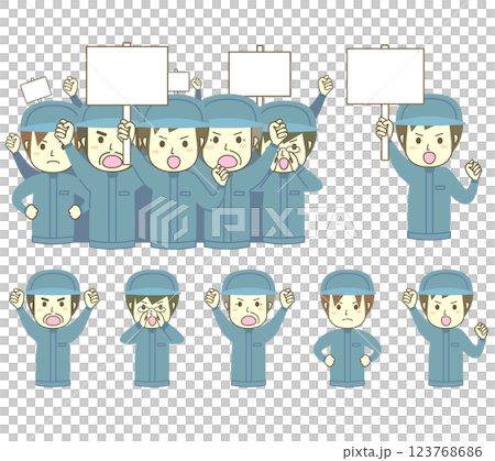 一組男性工人在示威中抗議的插圖 123768686