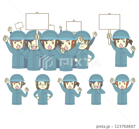 デモ活動で抗議する女性作業員団体のイラスト素材セット デモ活動で抗議する女性作業員団体のイラスト素材セット 123768687