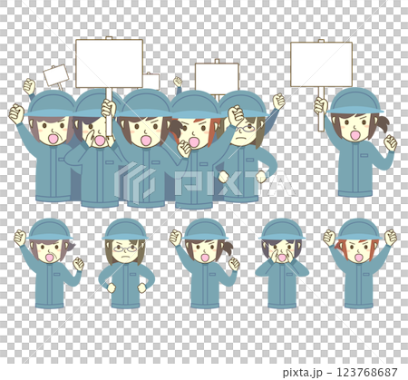 デモ活動で抗議する女性作業員団体のイラスト素材セット デモ活動で抗議する女性作業員団体のイラスト素材セット 123768687
