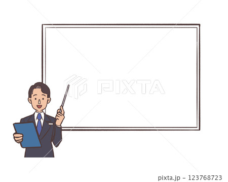 ホワイトボードで説明するスーツの男性 123768723