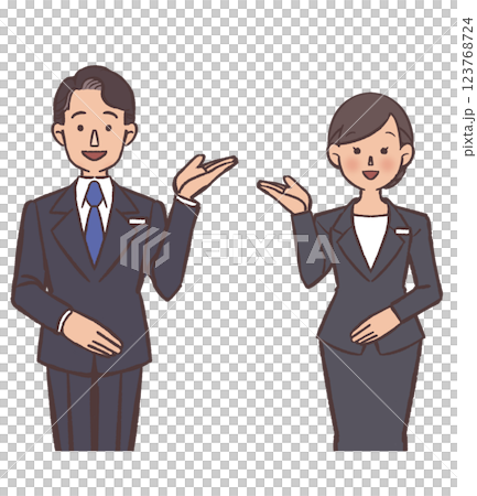 案内をするスーツを着た男女 123768724
