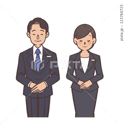 お辞儀するスーツを着た男女 123768725