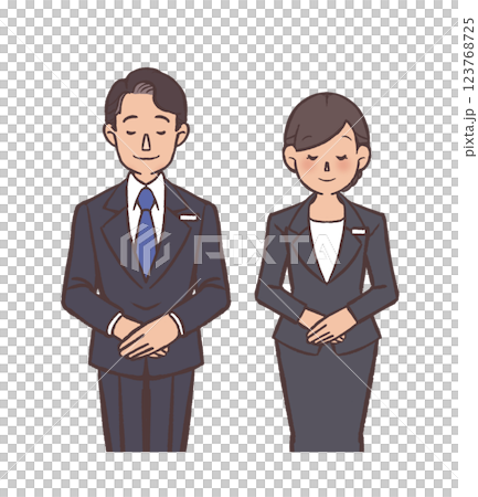お辞儀するスーツを着た男女 123768725