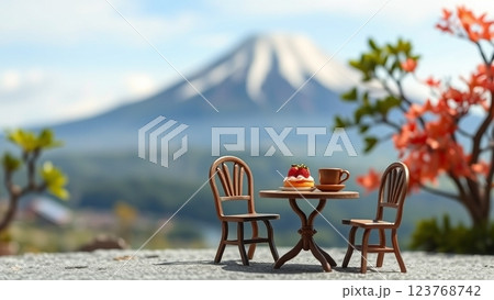 富士山を背景にミニチュアの食べ物とテーブルと椅子が置いてある 富士山を背景にミニチュアの食べ物とテーブルと椅子が置いてある 123768742