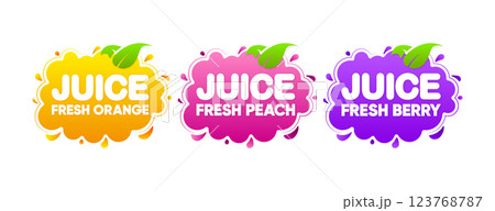 Juice Fresh fruit label icon. Orange, berry, peach healthy juice design sticker template. Healthy drink. Vector illustration. 123768787