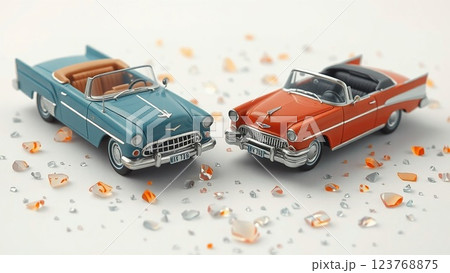 2台の車が事故で衝突し辺り一面に破片が飛び散っている 2台の車が事故で衝突し辺り一面に破片が飛び散っている 123768875