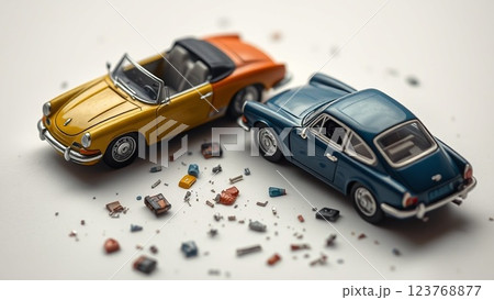 2台の車が事故で衝突し辺り一面に破片が飛び散っている 2台の車が事故で衝突し辺り一面に破片が飛び散っている 123768877