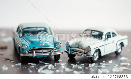 2台の車が事故で衝突し辺り一面に破片が飛び散っている 2台の車が事故で衝突し辺り一面に破片が飛び散っている 123768878