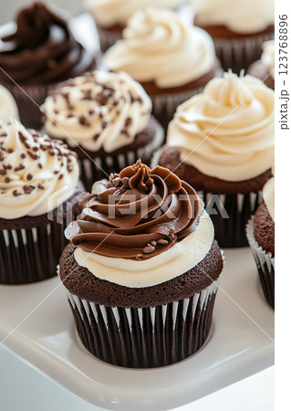 Delicious chocolate and vanilla cupcakes with swirled frosting close up. 123768896