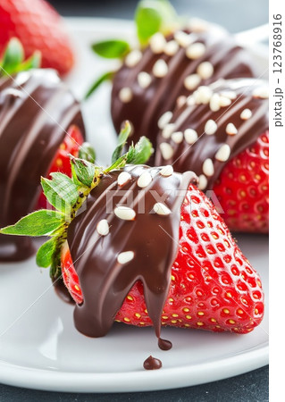 Fresh strawberries covered in chocolate with sesame seeds on a plate. 123768916