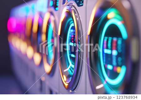 high tech washing machine control panels with colorful displays. 123768934