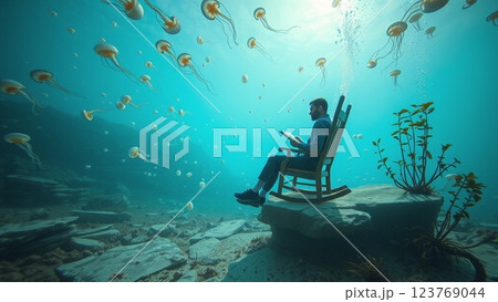 深海でロッキングチェアに揺られながらリラックスをしている男性 123769044