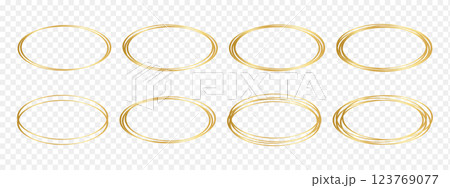 Set of golden oval frames isolated on transparent background. Shiny luxury borders. Decorative frameworks, luxury design elements for banners, greeting or wedding cards. Vector realistic illustration 123769077