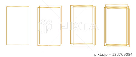 Collection of golden rectangle frames. Bright rectangular borders, shiny decorative frameworks, design elements for banners or greeting cards isolated on white background. Vector illustration 123769084