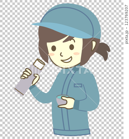 A young female worker hydrates during a break 123769207