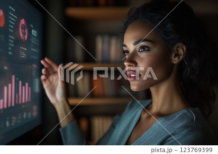 タッチパネルを使用する女性 123769399