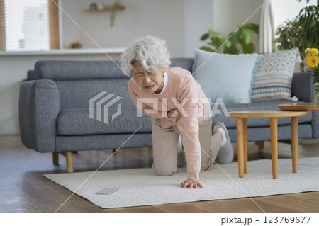 腹部をおさえて倒れ込むシニア女性 123769677