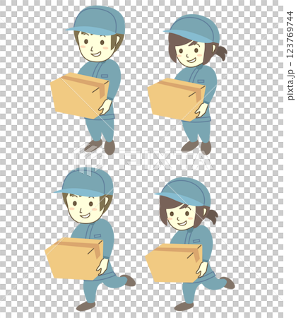 一組使用紙板箱工作的年輕男女工人 一組使用紙板箱工作的年輕男女工人 123769744