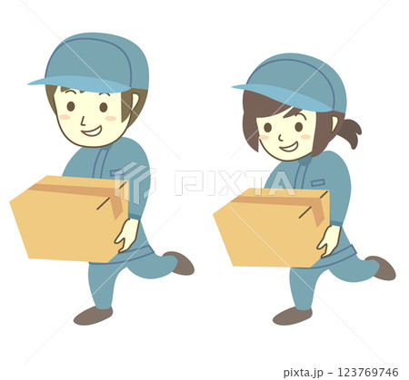 段ボールを運ぶ若い男女作業員 段ボールを運ぶ若い男女作業員 123769746