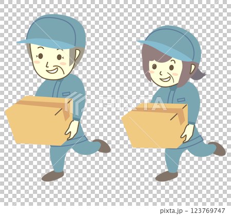 Senior male and female workers carrying cardboard boxes 123769747
