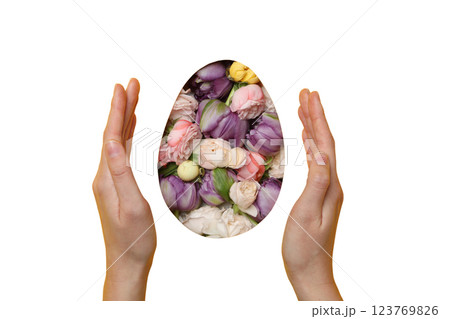 PNG, Easter, flowers in the shape of an egg with hands, isolated on a white background PNG, Easter, flowers in the shape of an egg with hands, isolated on a white background 123769826