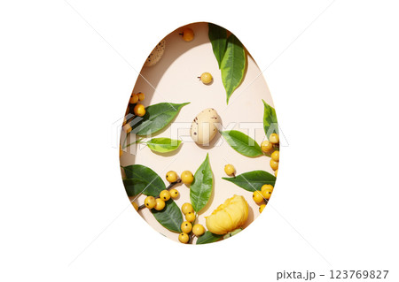 PNG, Easter, cut out egg shape with berries, with quail egg, on pink background, isolated on white background 123769827