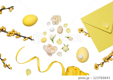 PNG, Easter, egg shape made of flowers, petals and quail eggs, with envelope, isolated on white background 123769843