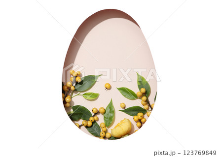 PNG, Easter, cut out egg shape with berries, on pink background, isolated on white background PNG, Easter, cut out egg shape with berries, on pink background, isolated on white background 123769849