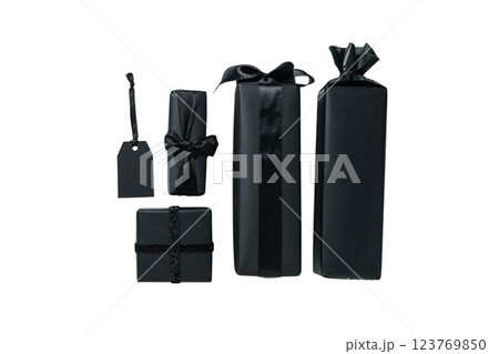 PNG, Black Friday. Only black packages isolated on white background. 123769850