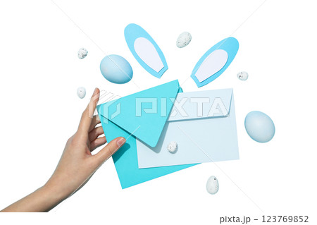 PNG, Easter, paper rabbit ears, with envelope, with hand, isolated on white background 123769852